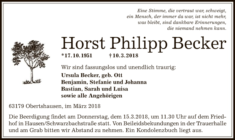  Traueranzeige für Horst Philipp Becker vom 13.03.2018 aus Offenbach