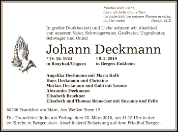 Traueranzeige von Johann Deckmann von Offenbach