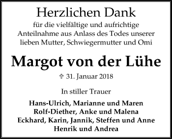 Traueranzeige von Margot von der Lühe von Offenbach