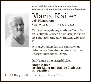 Traueranzeige von Maria Kailer von Offenbach