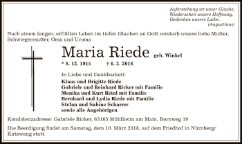 Traueranzeige von Maria Riede von Offenbach