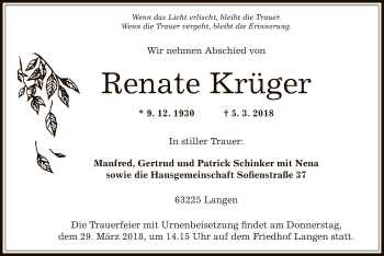 Traueranzeige von Renate Krüger von Offenbach