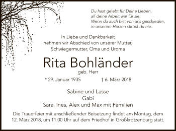 Traueranzeige von Rita Bohländer von Offenbach