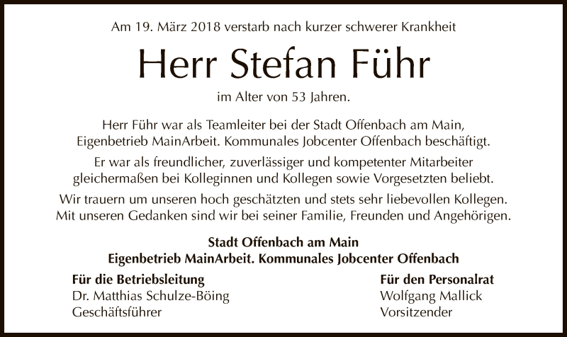  Traueranzeige für Stefan Führ vom 26.03.2018 aus Offenbach