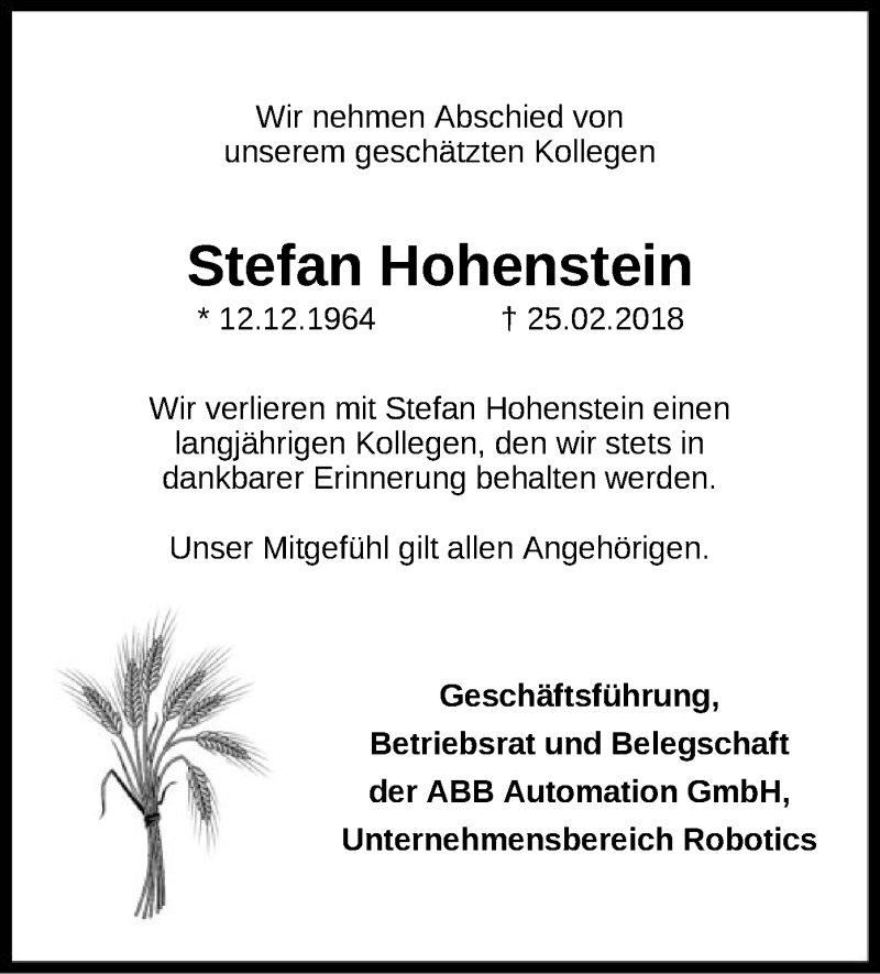  Traueranzeige für Stefan Hohenstein vom 14.03.2018 aus Offenbach