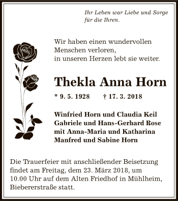 Traueranzeige von Thekla Anna Horn von Offenbach