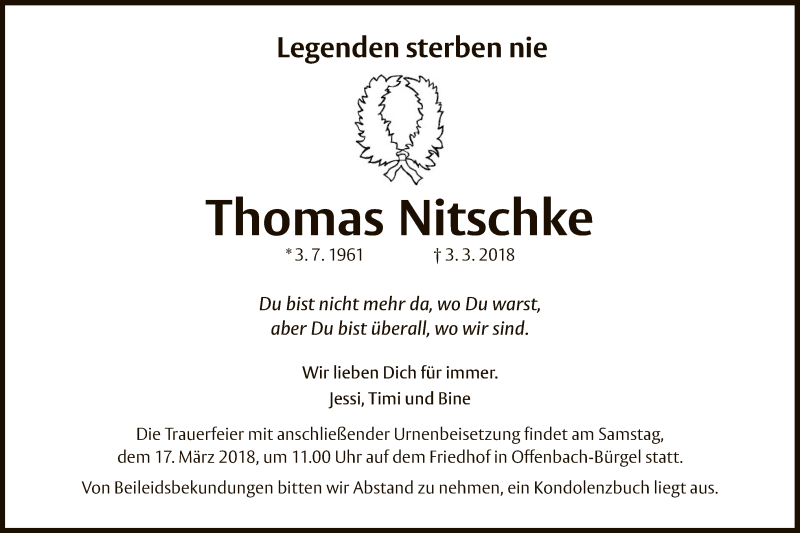  Traueranzeige für Thomas Nitschke vom 10.03.2018 aus Offenbach