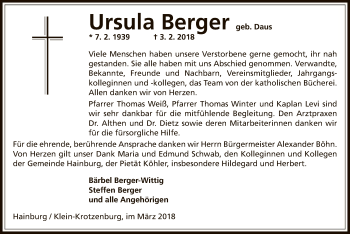 Traueranzeige von Ursula Berger von Offenbach