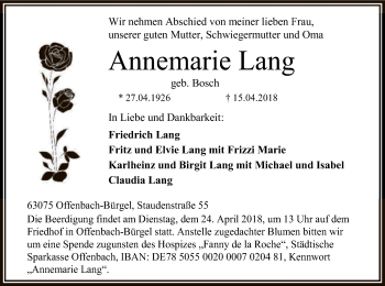 Traueranzeige von Annemarie Lang von Offenbach