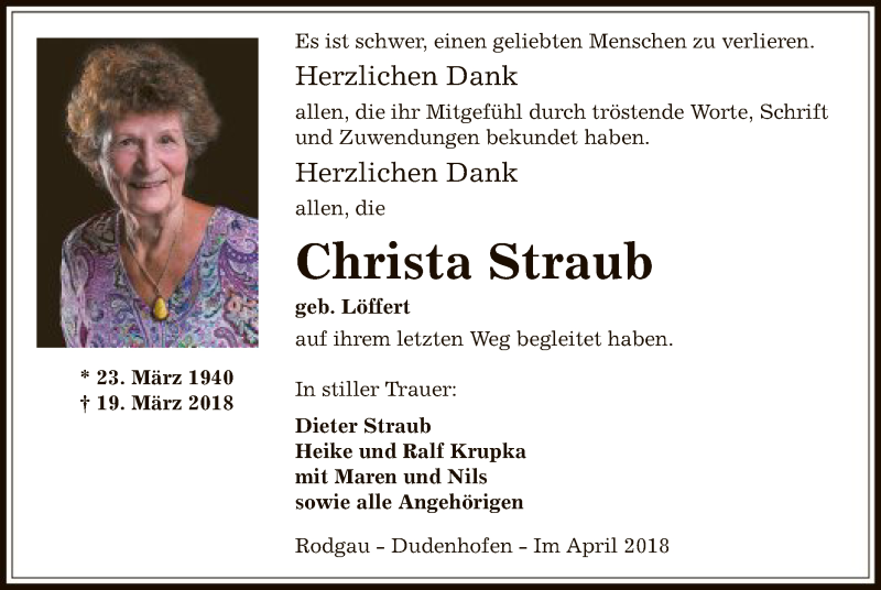  Traueranzeige für Christa Straub vom 14.04.2018 aus Offenbach