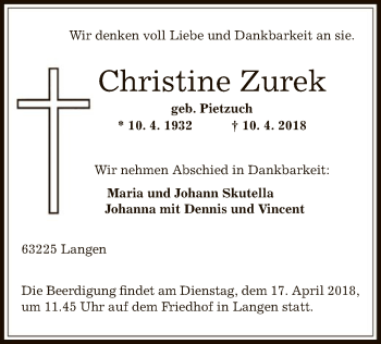 Traueranzeige von Christine Zurek von Offenbach