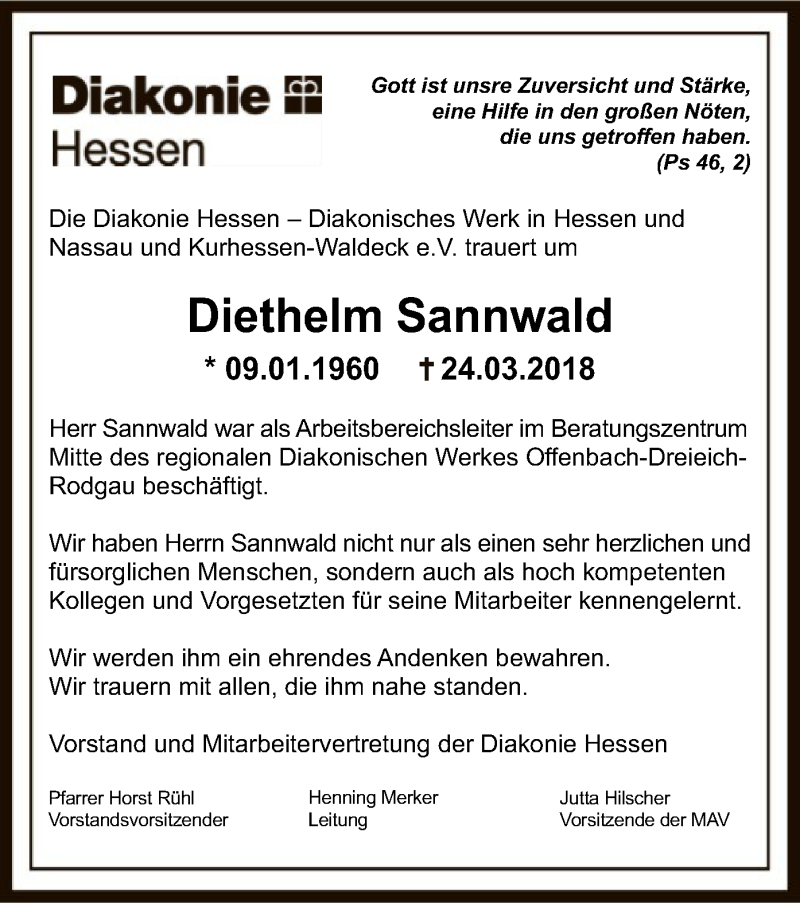  Traueranzeige für Diethelm Sannwald vom 04.04.2018 aus Offenbach