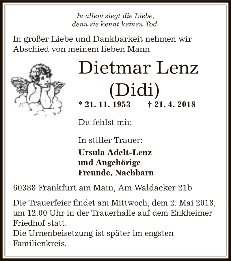  Traueranzeige für Dietmar Lenz vom 26.04.2018 aus Offenbach