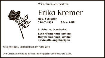 Traueranzeige von Erika Kremer von Offenbach