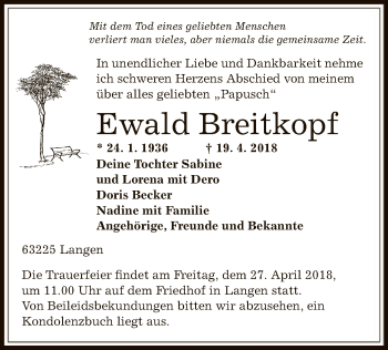 Traueranzeige von Ewald Breitkopf von Offenbach