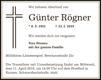 Traueranzeige von Günter Rögner von Offenbach