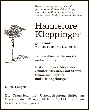 Traueranzeige von Hannelore Kleppinger von Offenbach