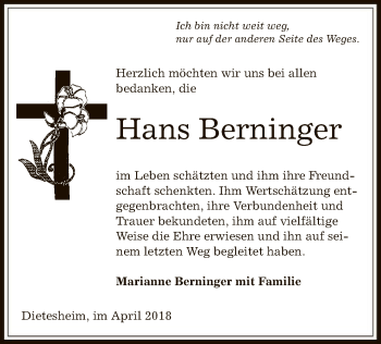 Traueranzeige von Hans Berninger von Offenbach