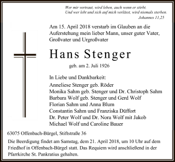 Traueranzeige von Hans Stenger von Offenbach