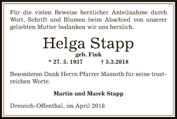 Traueranzeige von Helga Stapp von Offenbach