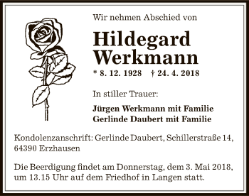 Traueranzeige von Hildegard Werkmann von Offenbach
