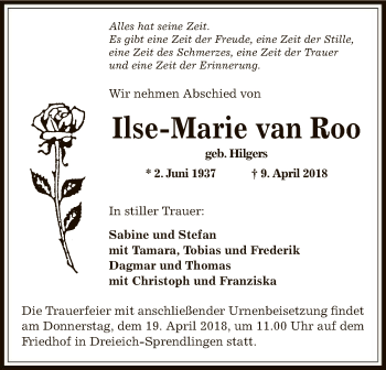 Traueranzeige von Ilse-Marie van Roo von Offenbach