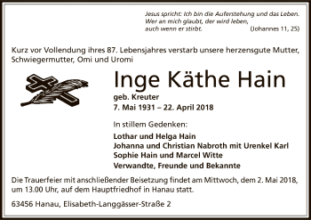 Traueranzeige von Inge Käthe Hain von Offenbach