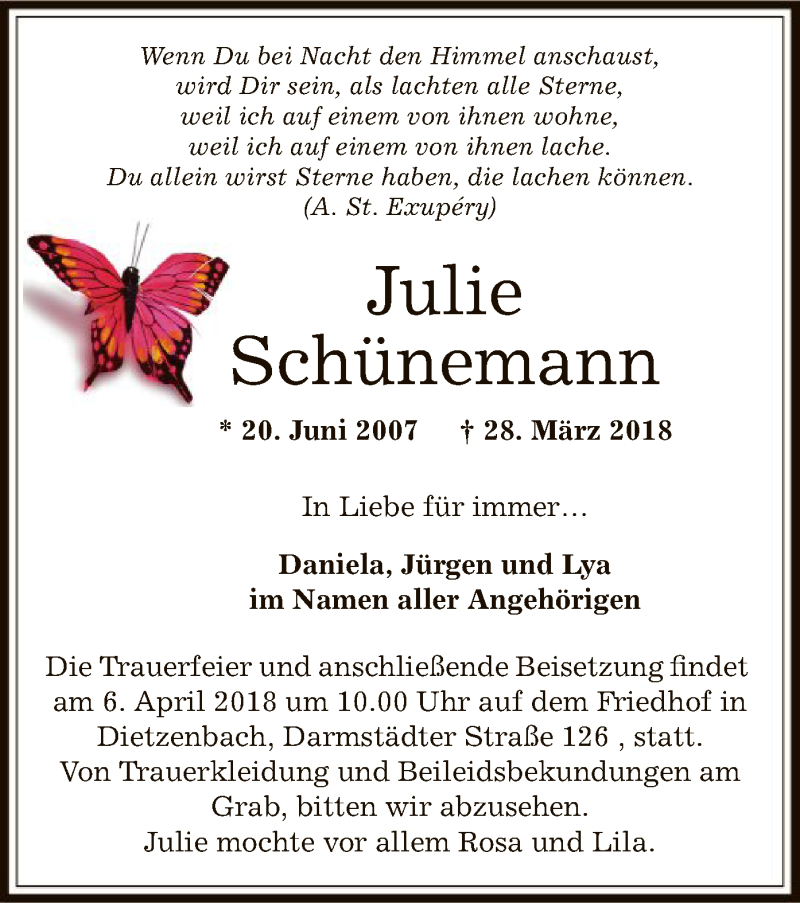  Traueranzeige für Julie Schünemann vom 05.04.2018 aus Offenbach