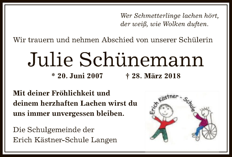  Traueranzeige für Julie Schünemann vom 05.04.2018 aus Offenbach