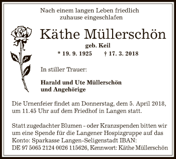 Traueranzeige von Käthe Müllerschön von Offenbach