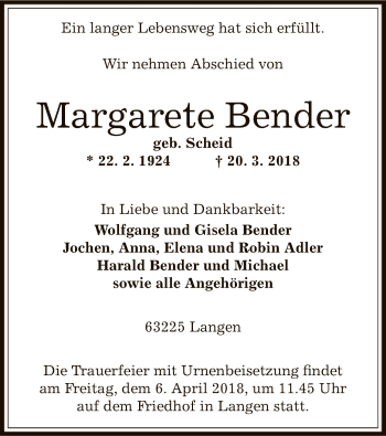 Traueranzeige von Margarete Bender von Offenbach