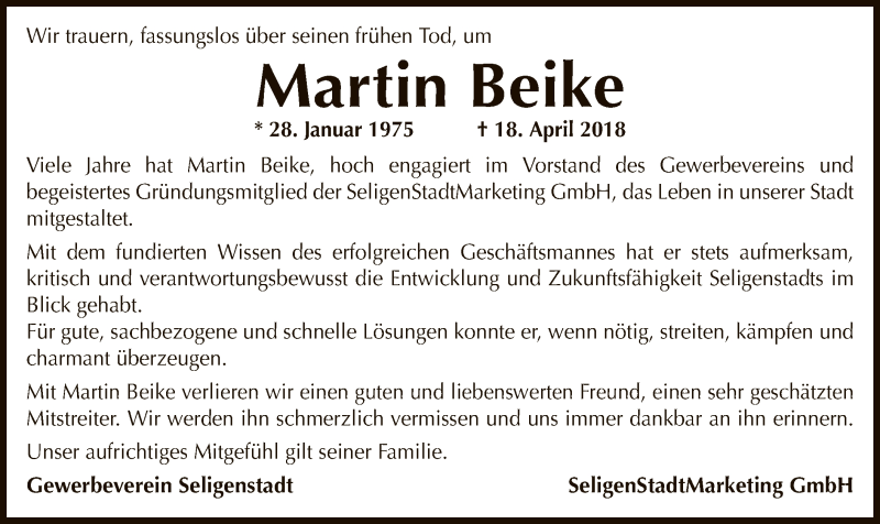  Traueranzeige für Martin Beike vom 28.04.2018 aus Offenbach