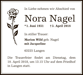 Traueranzeige von Nora Nagel von Offenbach