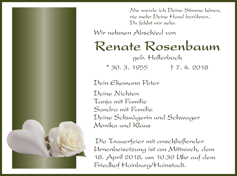  Traueranzeige für Renate Rosenbaum vom 14.04.2018 aus Offenbach