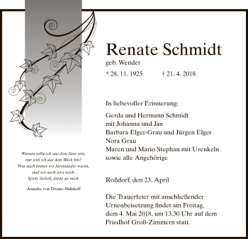 Traueranzeige von Renate Schmidt von Offenbach