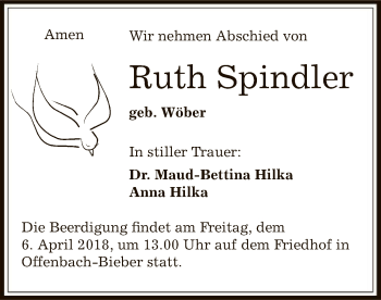 Traueranzeige von Ruth Spindler von Offenbach