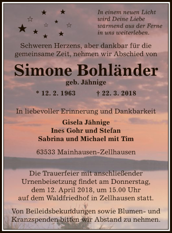 Traueranzeige von Simone Bohländer von Offenbach