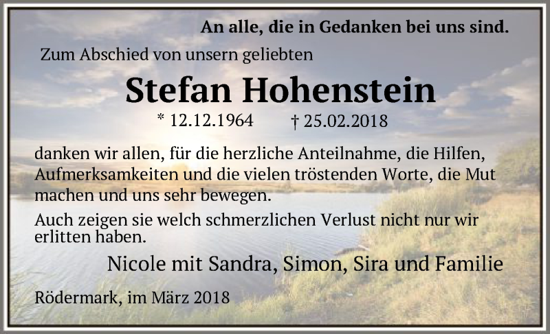  Traueranzeige für Stefan Hohenstein vom 31.03.2018 aus Offenbach