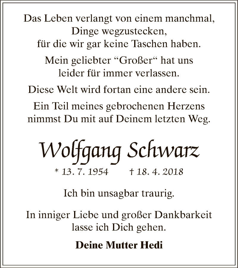  Traueranzeige für Wolfgang Schwarz vom 28.04.2018 aus Offenbach