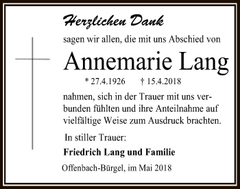 Traueranzeige von Annemarie Lang von Offenbach