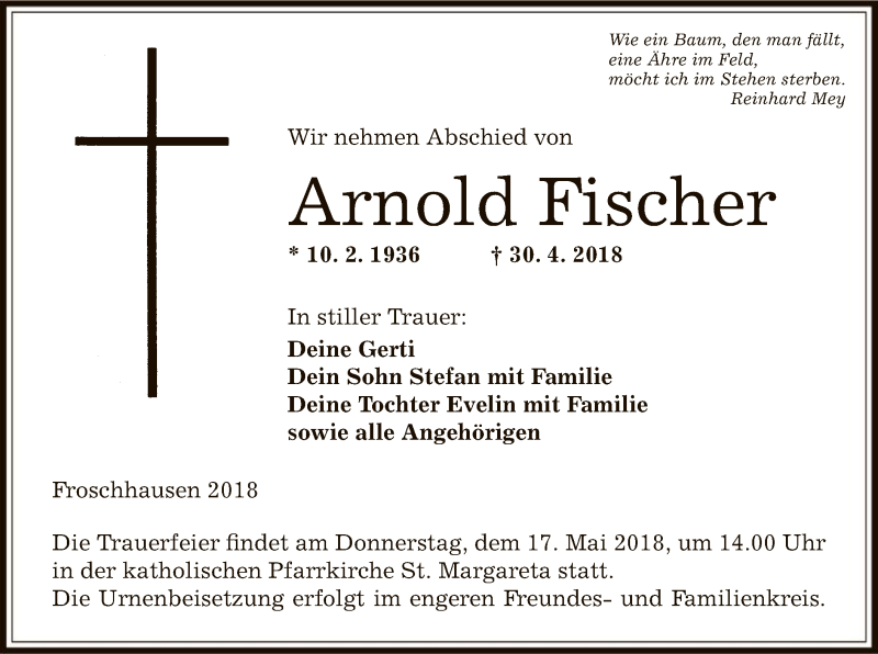  Traueranzeige für Arnold Fischer vom 16.05.2018 aus Offenbach