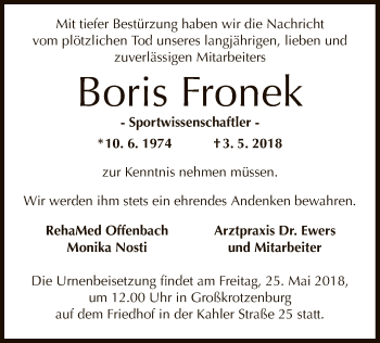 Traueranzeige von Boris Fronek von Offenbach