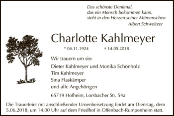 Traueranzeige von Charlotte Kahlmeyer von Offenbach