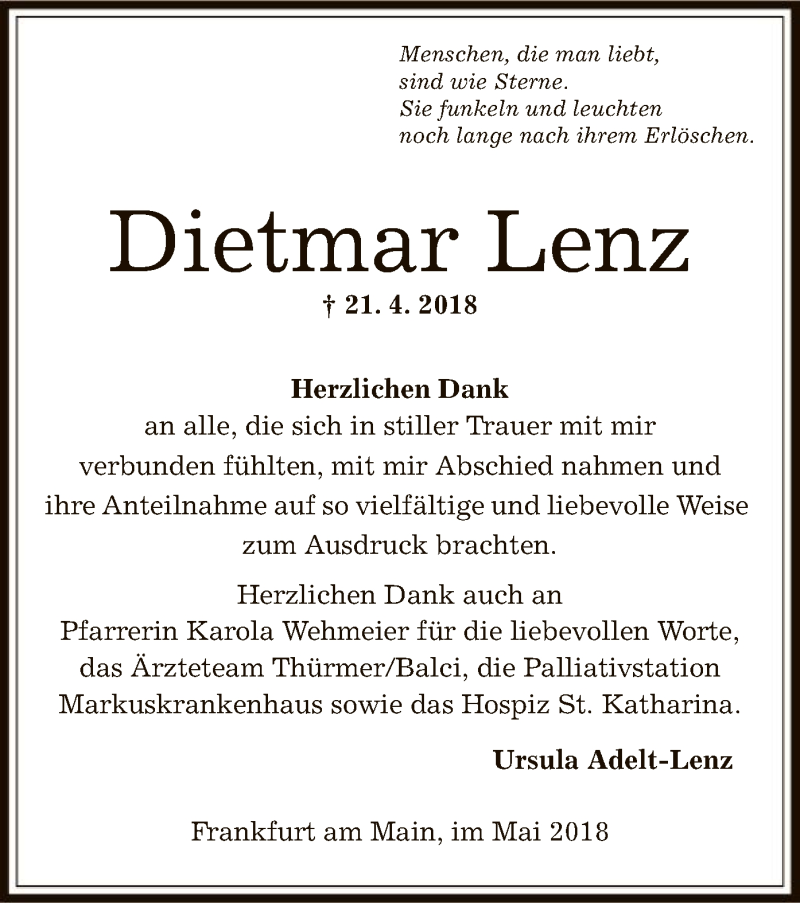  Traueranzeige für Dietmar Lenz vom 17.05.2018 aus Offenbach