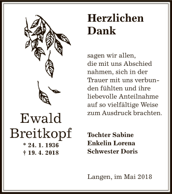 Traueranzeige von Ewald Breitkopf von Offenbach