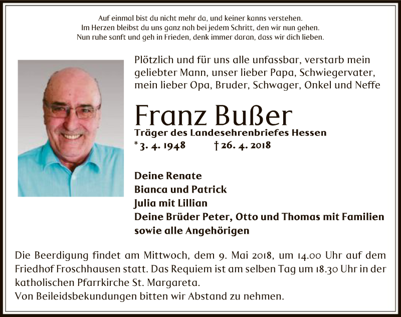  Traueranzeige für Franz Bußer vom 09.05.2018 aus Offenbach