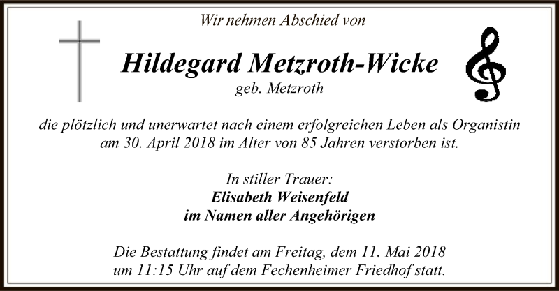  Traueranzeige für Hildegard Metzroth-Wicke vom 10.05.2018 aus Offenbach