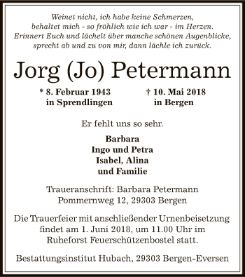 Traueranzeige von Jorg Petermann von Offenbach