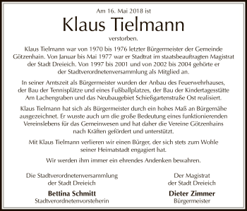 Traueranzeige von Klaus Tielmann von Offenbach