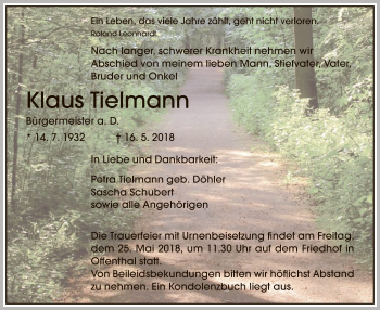 Traueranzeige von Klaus Tielmann von Offenbach